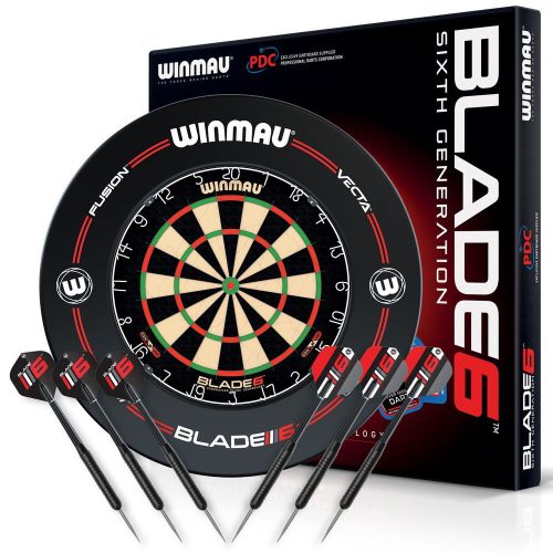 Kompletný šípkarský set, terč Winmau Blade 6, sivý surround, 2 sety šípok, štartovacia čiara, výst