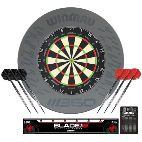 Kompletný šípkarský set Winmau BLADE 360 sivý surround, 2 sety šípok, štartovacia čiara