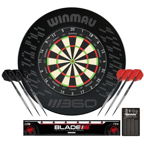 Kompletný šípkarský set s terčom Winmau Blade 360, surroundom, 2 setmi šípok, štartovacia čiarou a v