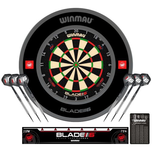 Kompletný šípkarský set s terčom Winmau Blade 6 Triple Core, čierny surroundom, 2 sety šípok, štarto