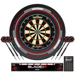   Kompletný šípkarský set s terčom Winmau Blade 6, sivým surroundom, 2 sety šípok, štartovacia čiara a