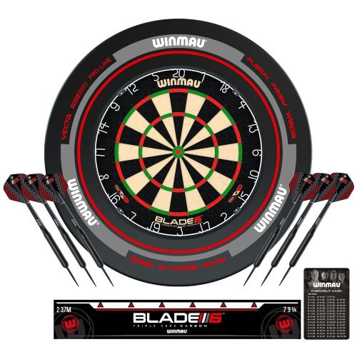 Kompletný šípkarský set s terčom Winmau Blade 6, sivým surroundom, 2 sety šípok, štartovacia čiara a
